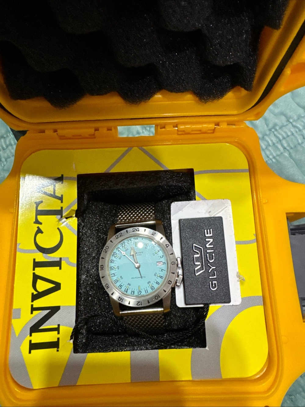 Glycine Stainless Watch with Aqua/Turquoise Dial